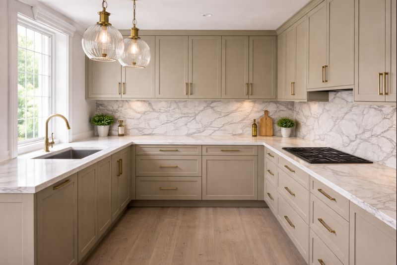 Hotel chique L-vormige keuken met marmerlook achterwand