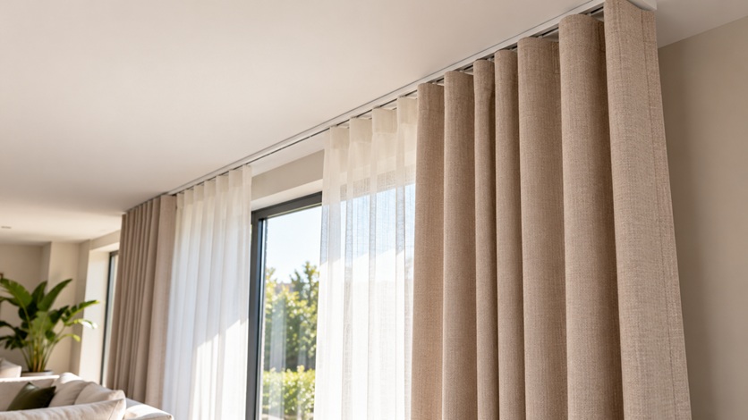 je ziet op de afbeeldingen een closeup van beige gordijnen en glasgordijnen die aan het plafond bevestigd zijn