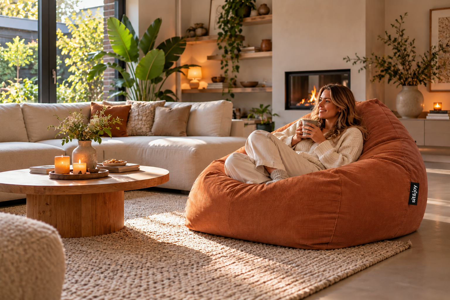 Moderne woonkamer met een comfortabele zitzak, een beige bank en natuurlijke woonaccessoires